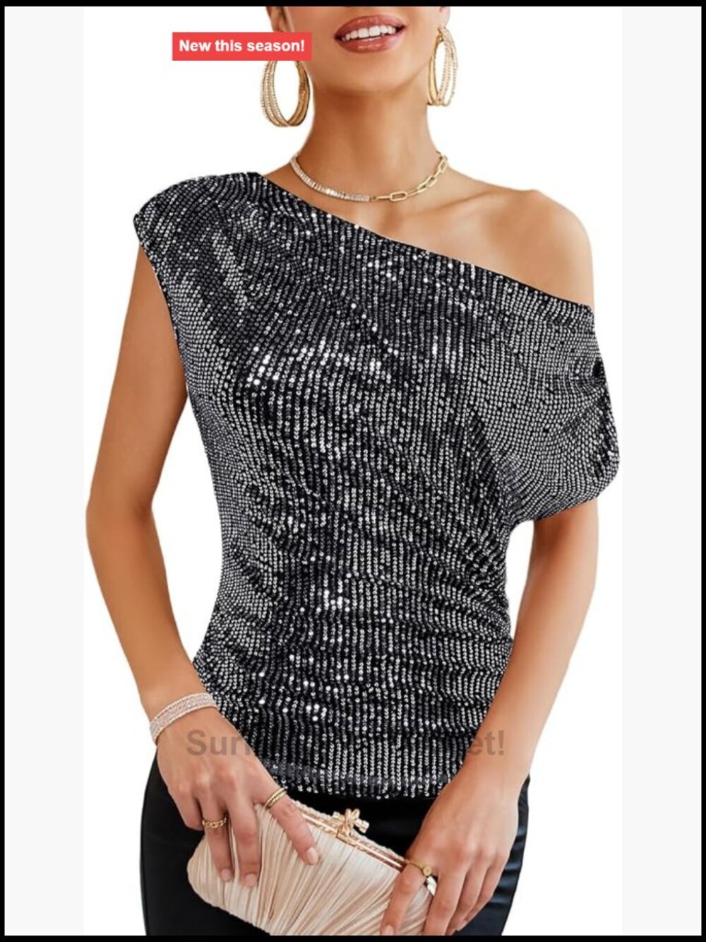 One Shoulder Sequin Sparkly Top Ruched Asymmetrical Glitter Party Shirt
